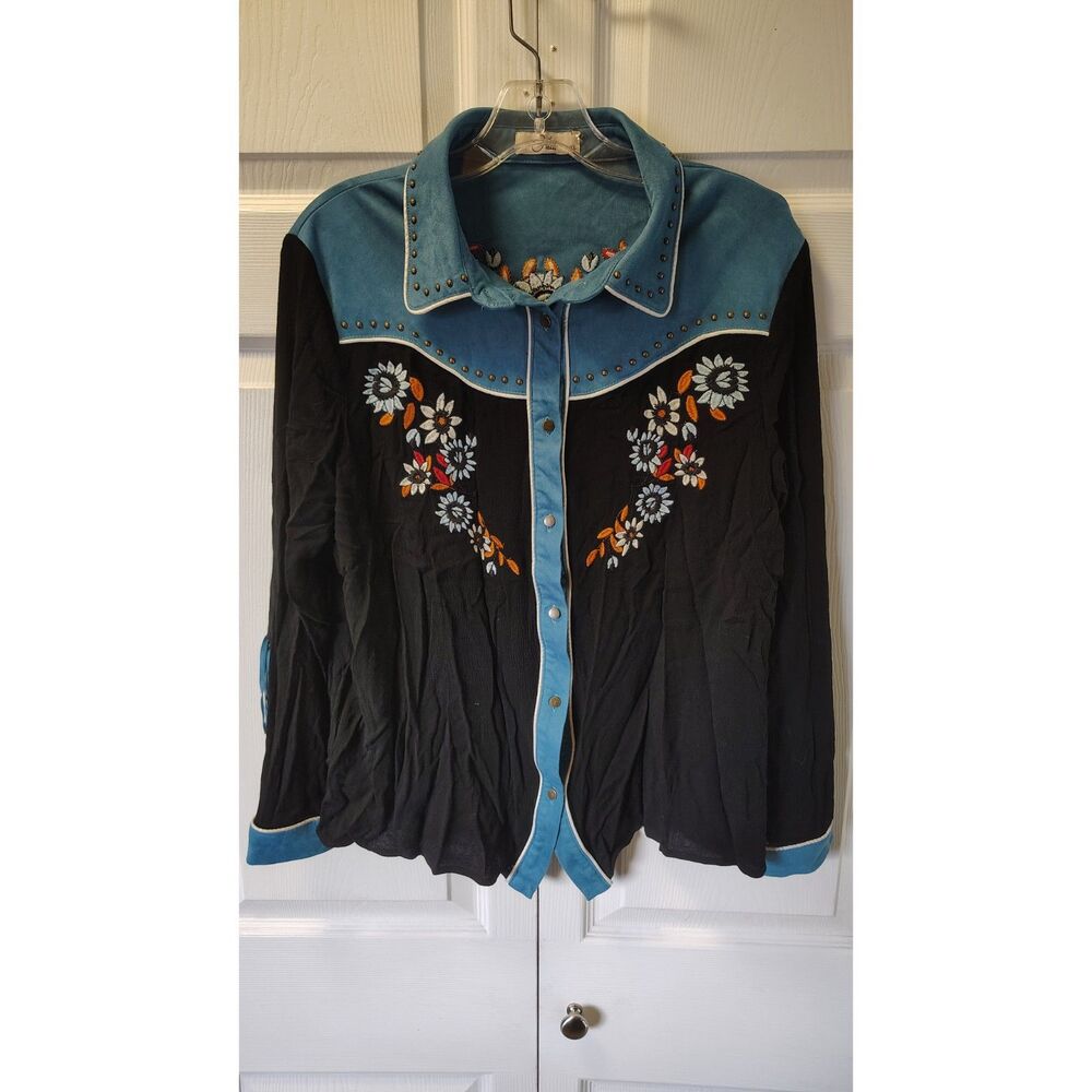 Vtg John Moon Texas Embroidered Western Shirt Teal Faux Suede Studded Snap Up XL